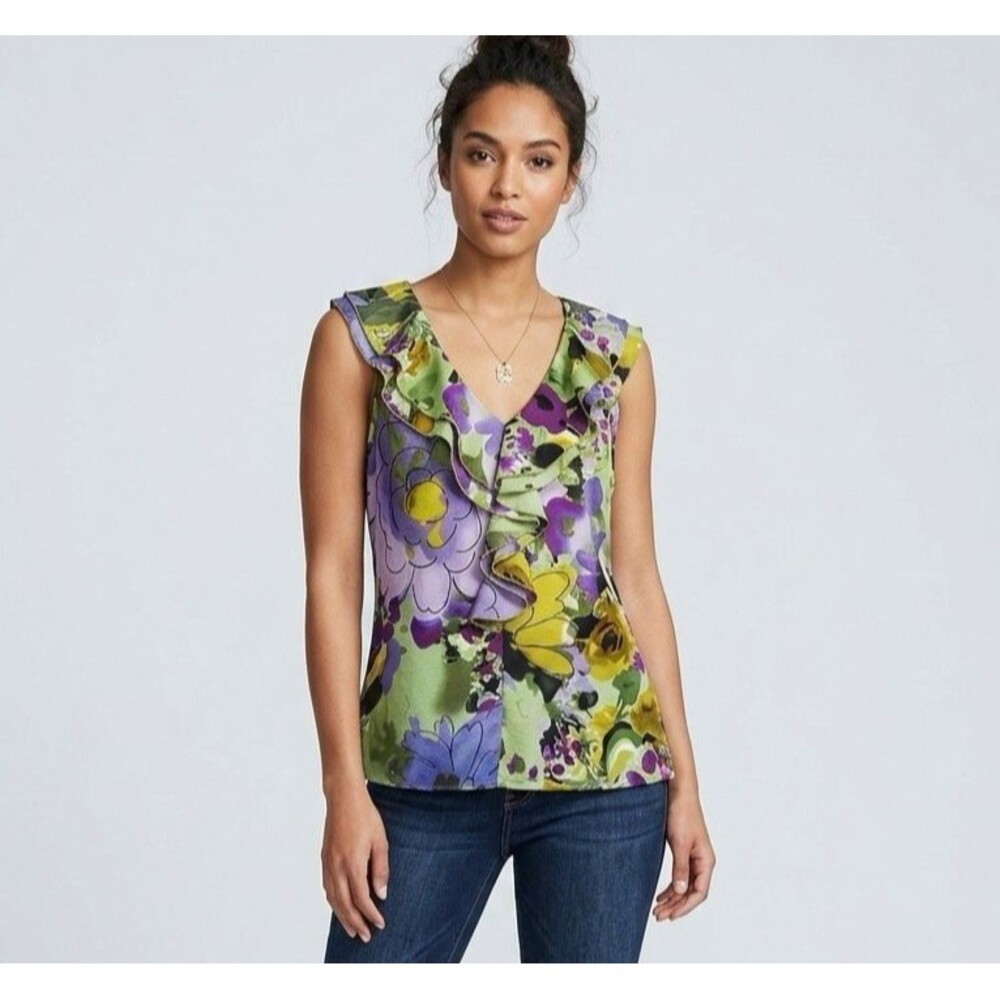 Spense Women Blouse Medium M Floral Sleeveless Ruffle Neck V-Neck Shirt